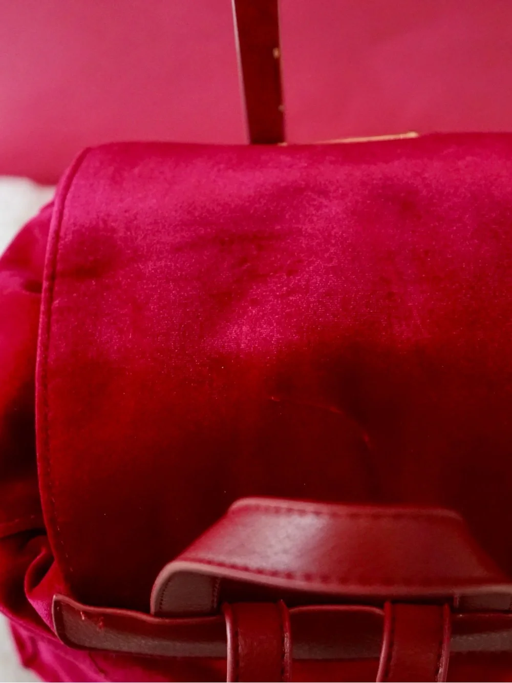⁠NWT Bebe Los Angeles Wine Red Velour Mini Backpack Gold Chain Detail Purse